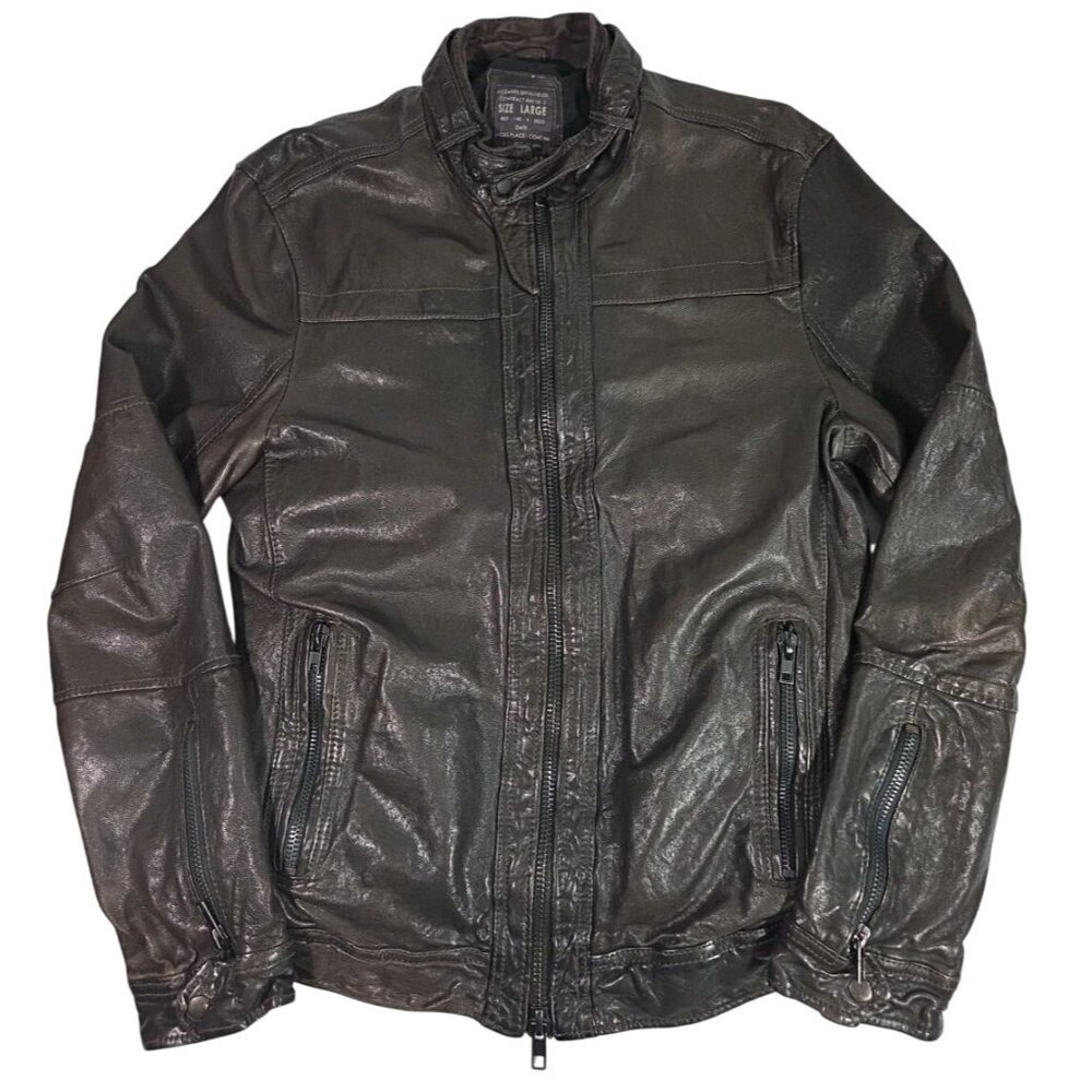 Allsaints Mens Brown Leather Scorch Distressed Jacket Sz Large 90s Biker Classic